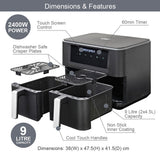 Quest 9L dual basket 2400W air fryer with two 4.5L baskets