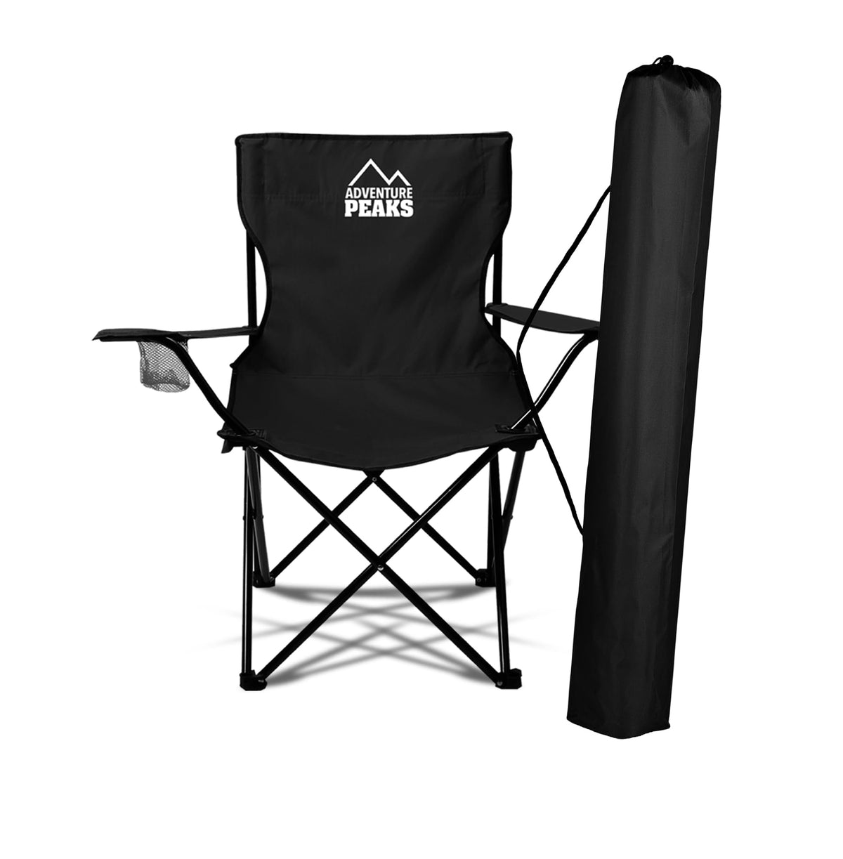Adventure Peaks black folding camping chair with carry bag and cup holder