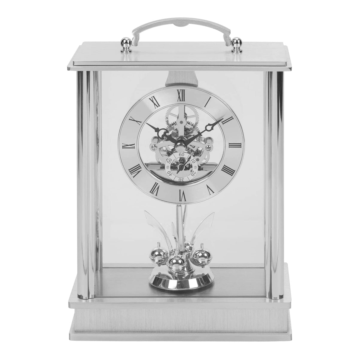 Widdop brushed aluminium carriage mantel clock with rotating pendulum