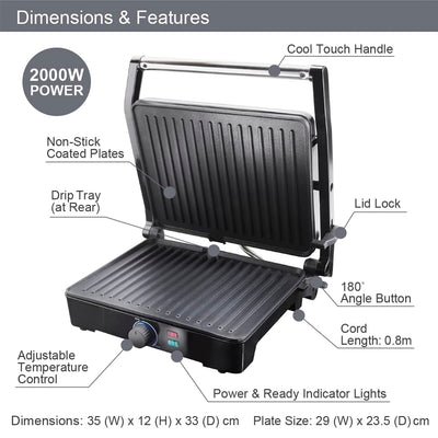 Quest 34359 2-in-1 Health Grill & Panini Press/Non-Stick Healthy Grilling/Adjustable Temperature Dial / 180° Floating Hinge/Overheat Protection / 2000W