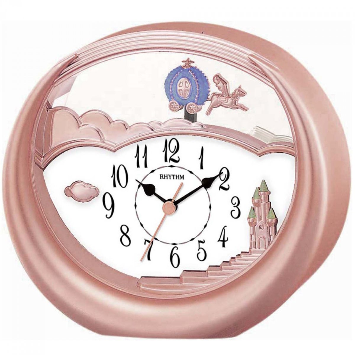Rhythm Enchanted Dreams rose gold mantel clock with unicorn carriage
