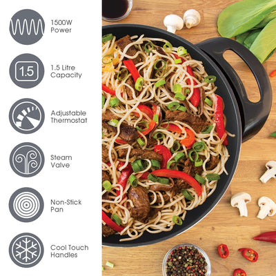 Quest 35870 Electric Non-Stick Wok with Lid Included / 5 Precise Temperature Options/Rapid Heating Technology / 33cm Diameter/Detachable Power Cord for Serving / 1500W