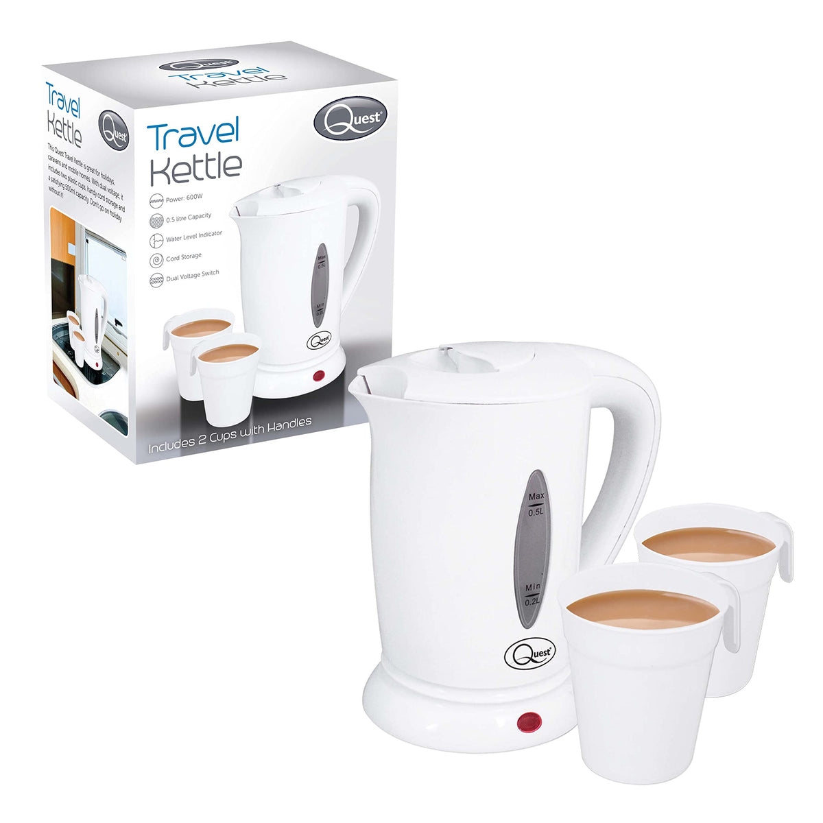 Quest white 0.5L dual voltage travel kettle