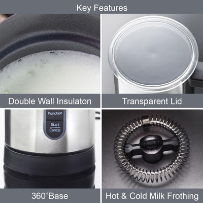 Quest 34179 Electric Milk Frother/Hot & Cold Coffee Frother/Double Walled Insulation/Non-Stick Easy Clean Interior / 300ml Capacity/Stainless Steel