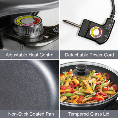 Quest 35870 Electric Non-Stick Wok with Lid Included / 5 Precise Temperature Options/Rapid Heating Technology / 33cm Diameter/Detachable Power Cord for Serving / 1500W