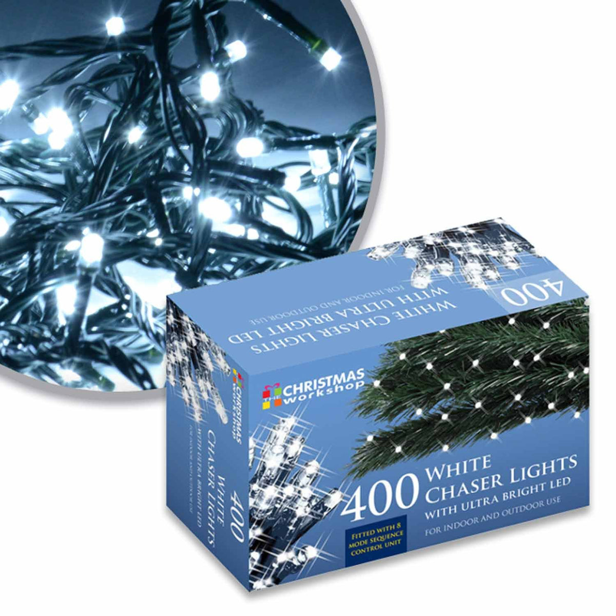 400 bright white LED chaser Christmas lights 27.9m