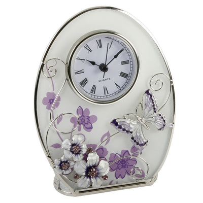 Lavender Butterfly and Flowers Glass Oval Clock - Make An Excellent Gift For That Special Lady. Ideal Birthday / Anniversary Gift