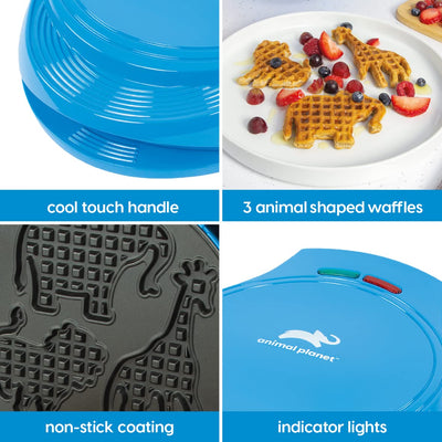 Animal Planet Waffle Makers / 3 in 1 Animal Shaped Waffle Iron/Cool Touch Handle/Non-Stick Coating/Cord Storage/Anti-Slip Feet (Safari)