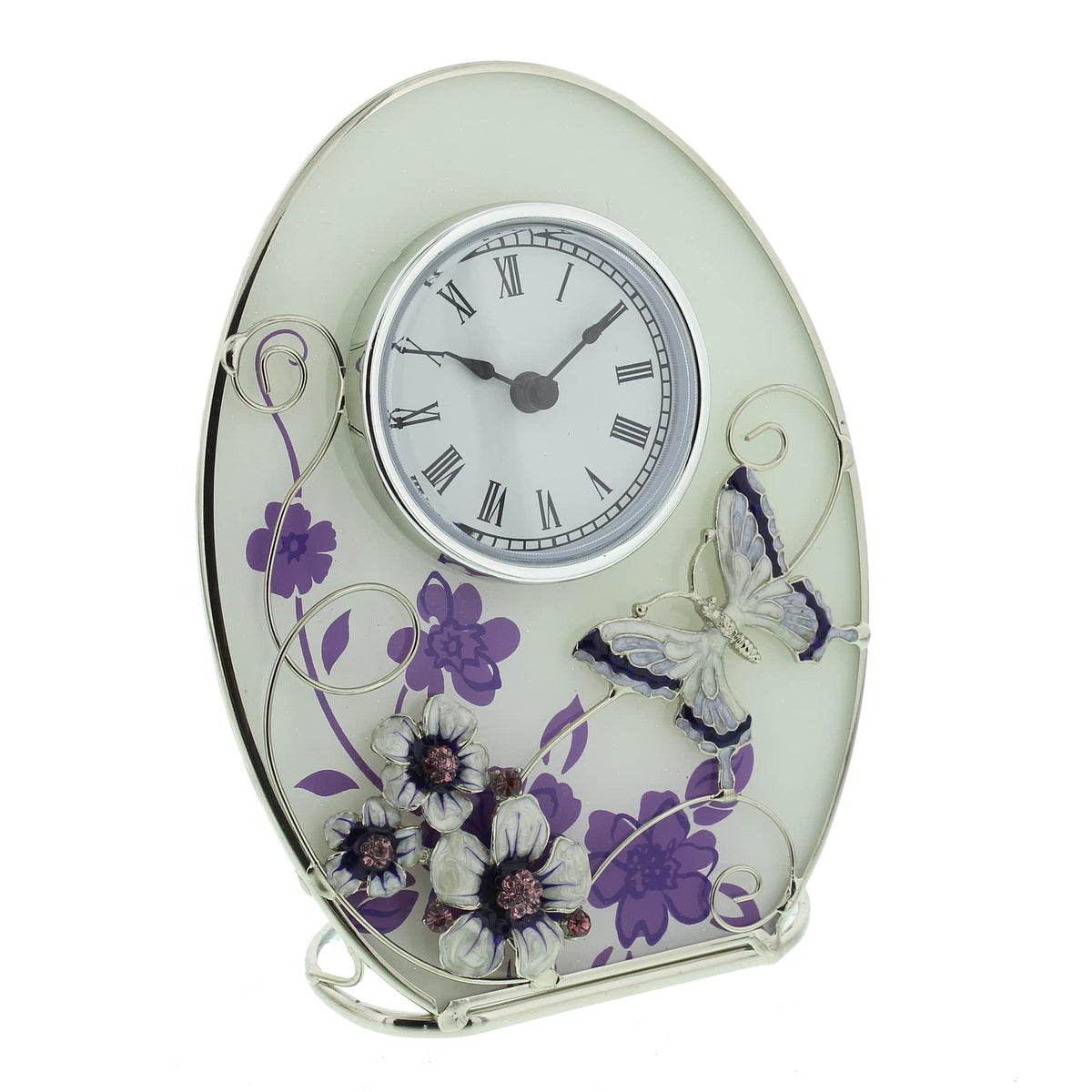 Juliana purple floral butterfly glass mantel clock