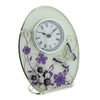 Beautiful 'Juliana,' oval, glass, clock decorated with purple flowers, crystals and a butterfly.