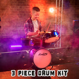 Blue kids 3-piece drum kit with stool, sticks and cymbal