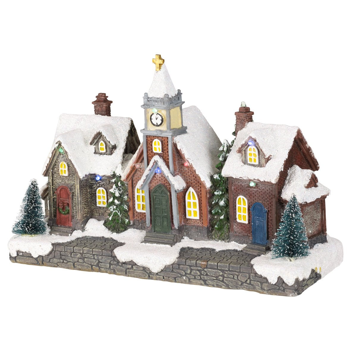 LED Christmas village street scene with houses and church