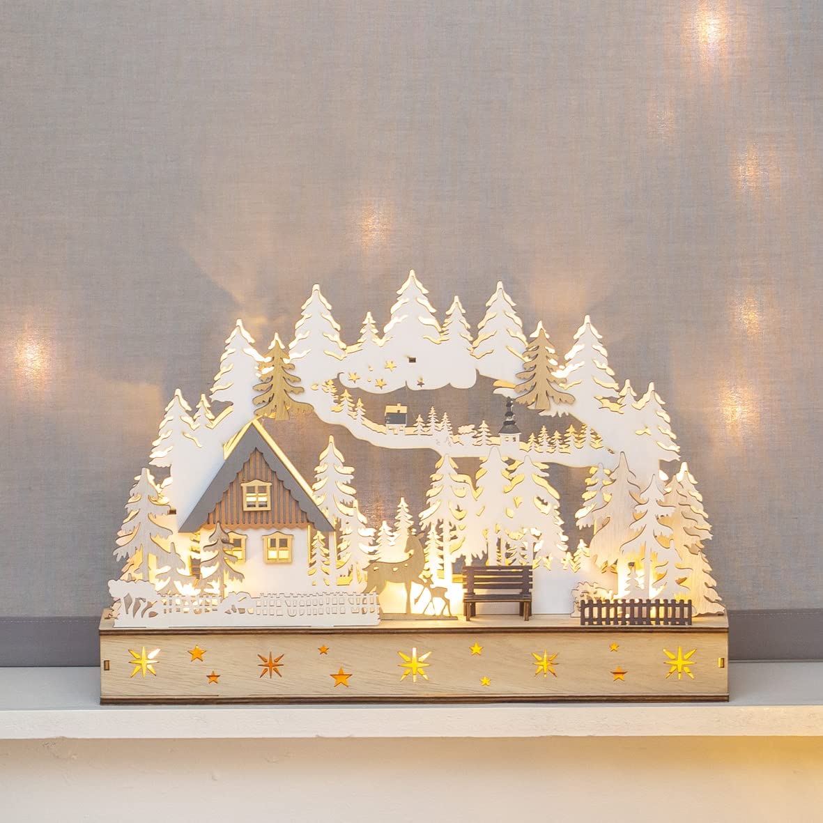 40cm wooden LED Christmas forest house scene with warm white lights