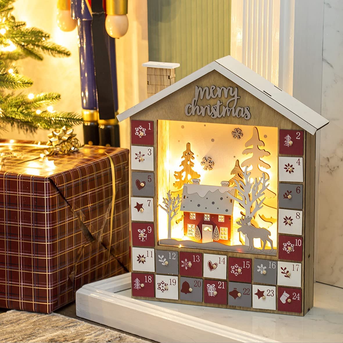The Christmas Workshop wooden LED advent calendar with 24 drawers