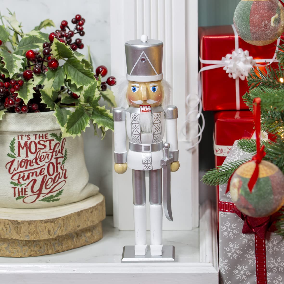 The Christmas Workshop white and silver wooden nutcracker soldier – 35cm
