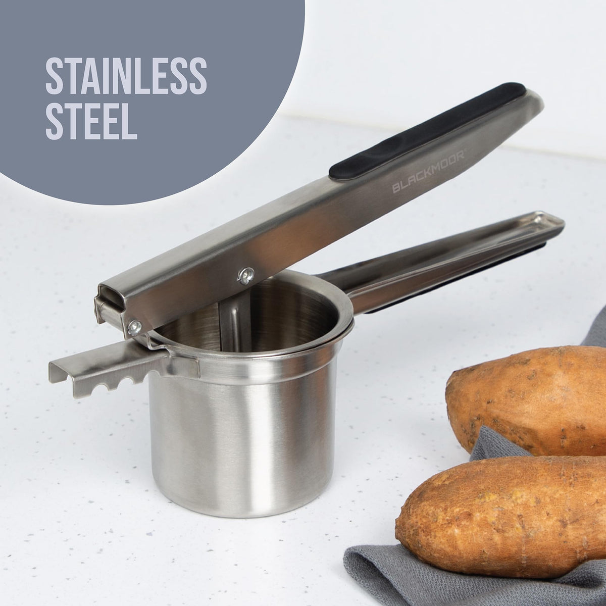Blackmoor stainless steel potato ricer with three interchangeable plates