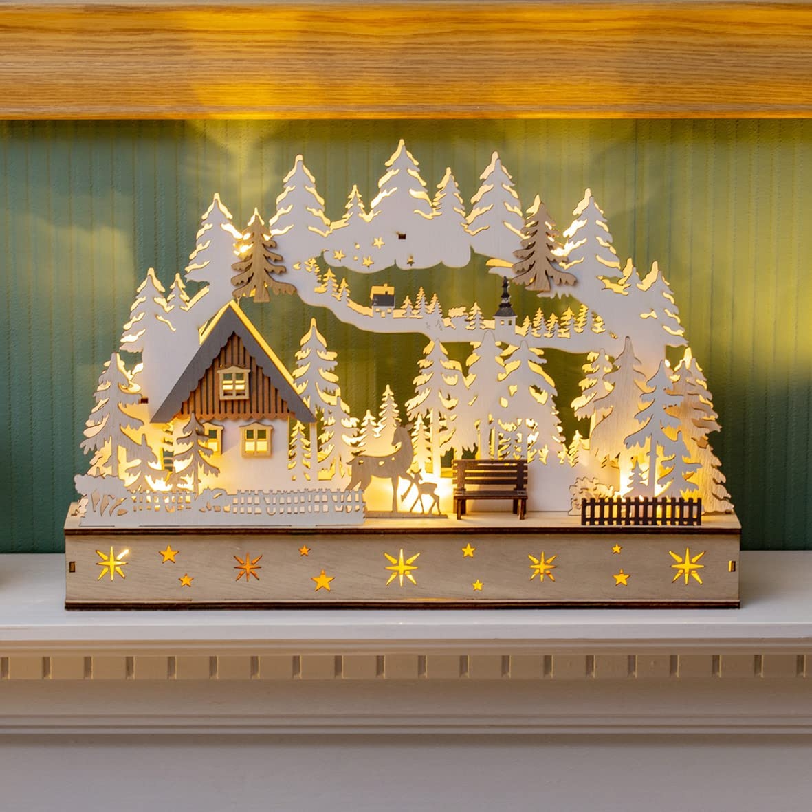40cm wooden LED Christmas forest house scene with warm white lights
