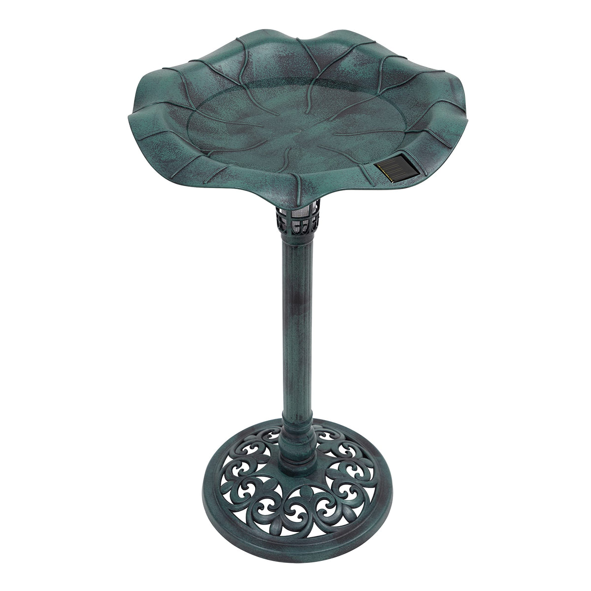 GardenKraft verdigris solar bird bath with LED lights