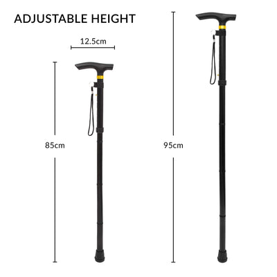 Anika 60510 Black Folding Walking Stick / Compact for Travel / Easy to Use / Height Adjustable Pole / Stylish Design / Wrist Strap