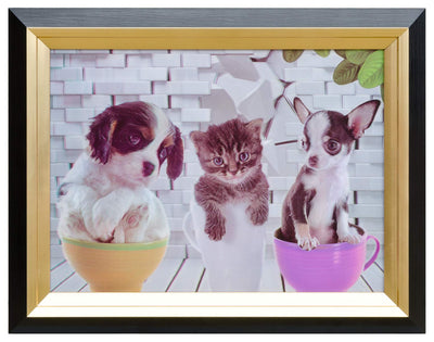 Febland Dogs & Cat Tea Party Hologram Framed Picture, Multi, Small