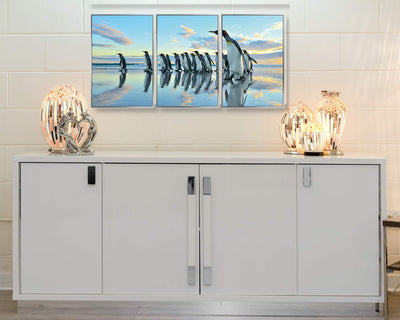 Febland Framed Acrylic Pictures-Penguin March (Set of 3), Blue, Large