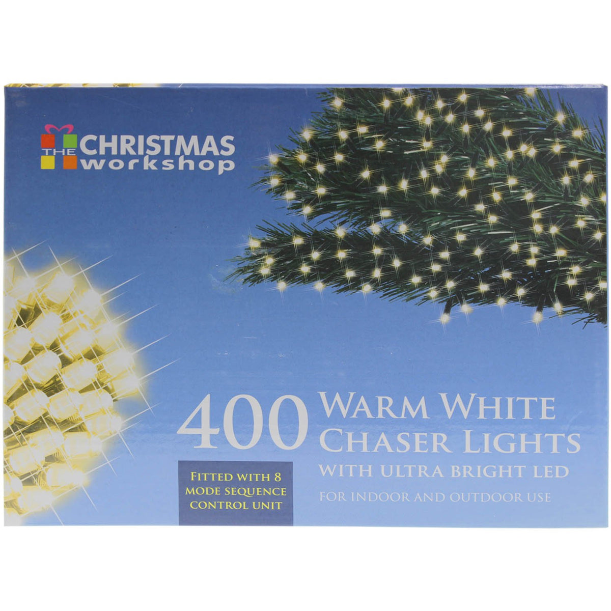 400 warm white LED chaser Christmas lights 27.9m