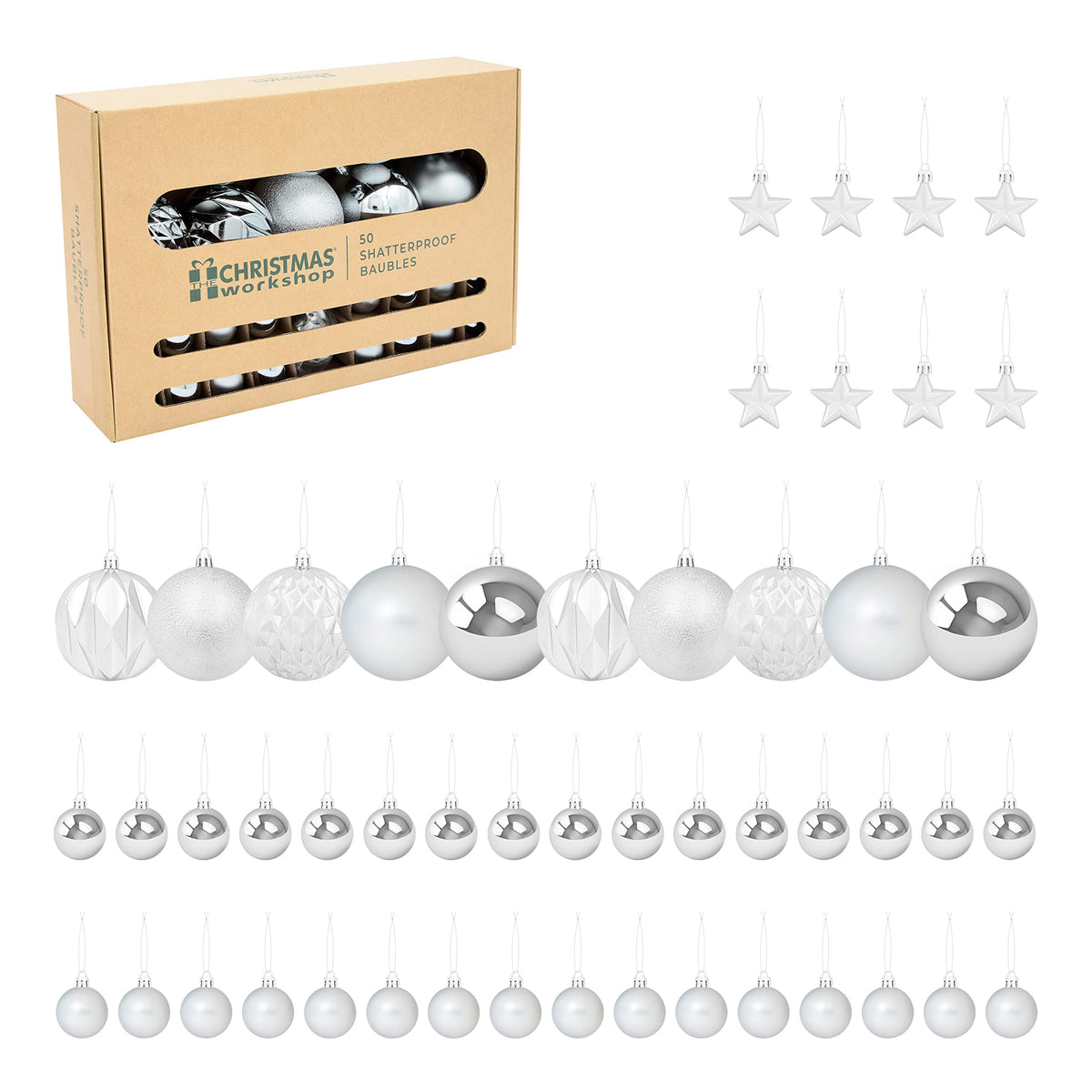 Silver shatterproof Christmas baubles set of 50 mixed sizes