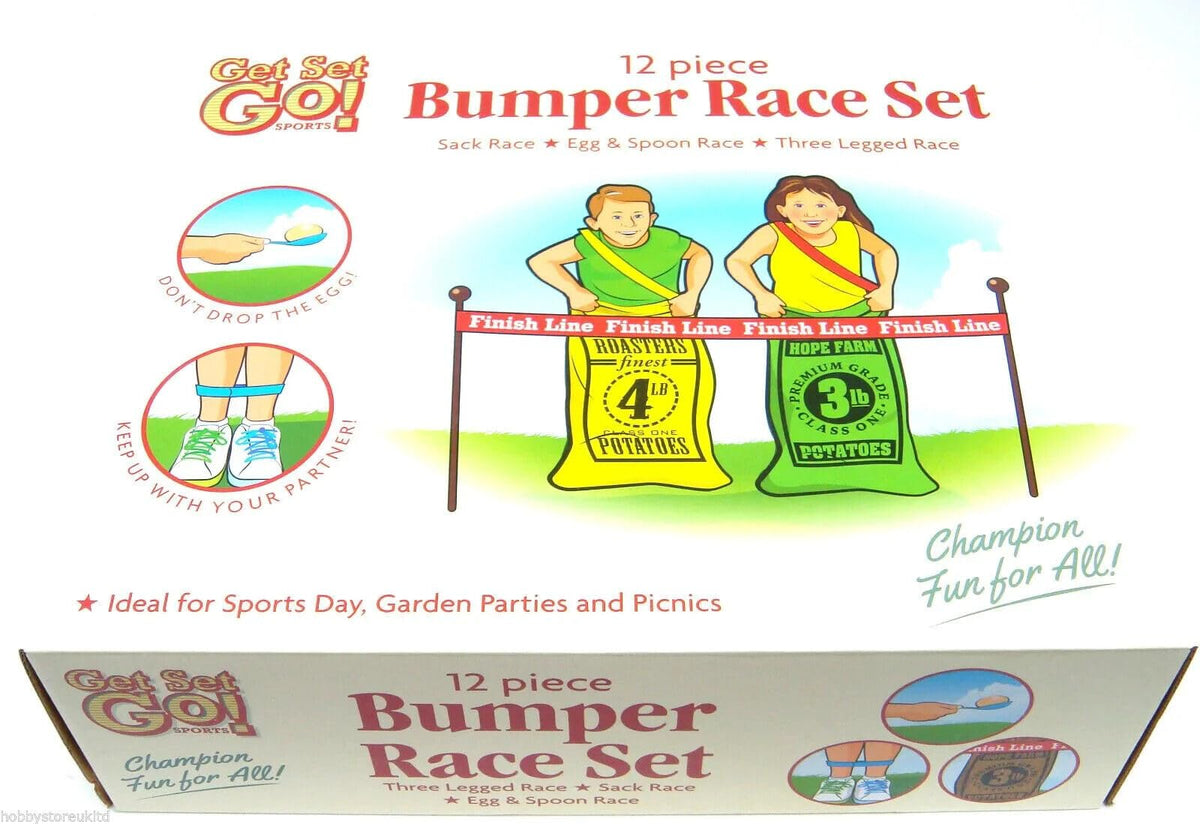 Traditional garden race games set with sacks egg and spoon and race bands