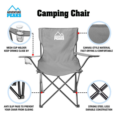 Set of 2 Folding Camping Comfortable Arm Chair with Drink Holder & Carry Bag Outdoor Chairs For Fishing Park Picnic Garden BBQ Beach H80cm x W80cm x D48cm (Set of 2 Grey Camping Chairs 1433)