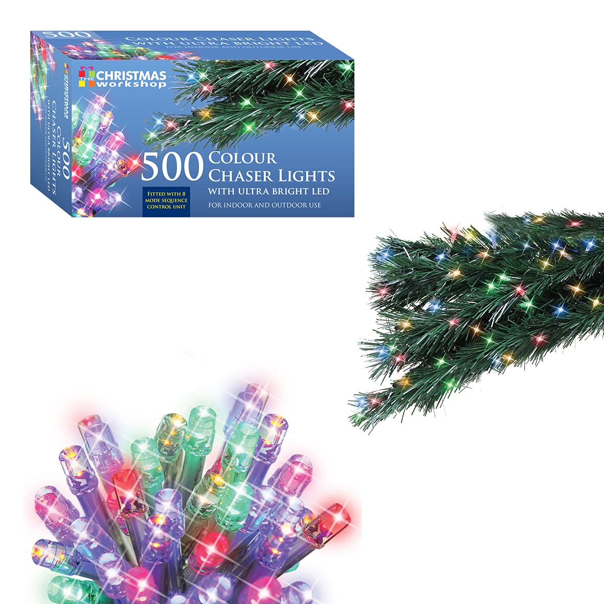 500 multi-coloured LED chaser Christmas lights 34.9m