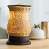 Candle Warmers Etc. Illumination Fragrance Warmer with gold glass mosaic surface, removable dish, and warming bulb, perfect for warming candle wax melts and tarts.