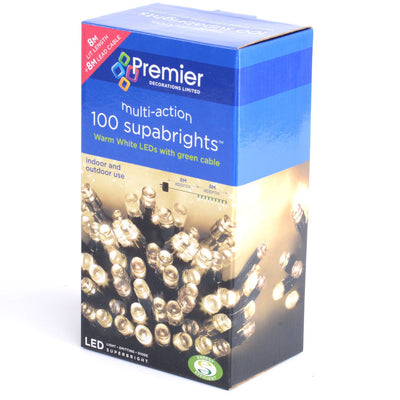 SUPER BRIGHT SELV 100 LED LIGHTS - DECORATIONS - IN / OUTDOOR - MULTI-ACTION - WARM WHITE