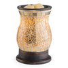 Illumination Fragrance Warmer with a gold glass mosaic surface and removable dish, designed for warming scented wax melts.