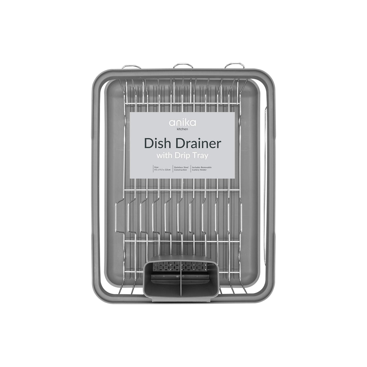 Anika 69069 Kitchen Dish Drainer Rack/Separate Cutlery Holder/Removable Drip Tray/Grey Colour / 41 x 32 x 9.5cm