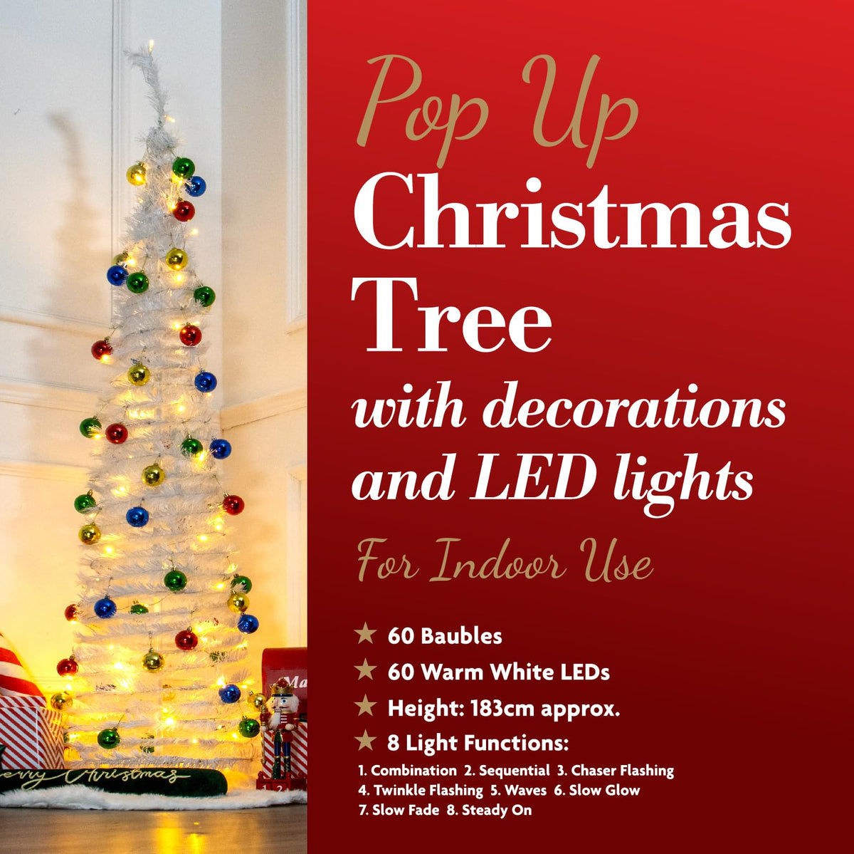 The Christmas Workshop 88220 6ft Pre-Lit Christmas Tree/White Artificial Christmas Tree/Pre-Decorated Pop-Up Tree / 60 LED Warm White Light Bulbs & 60 Baubles