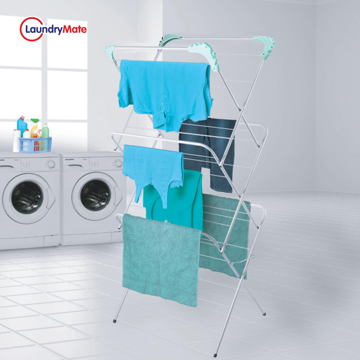 Laundry Mate three-tier foldable clothes airer with 20 pegs