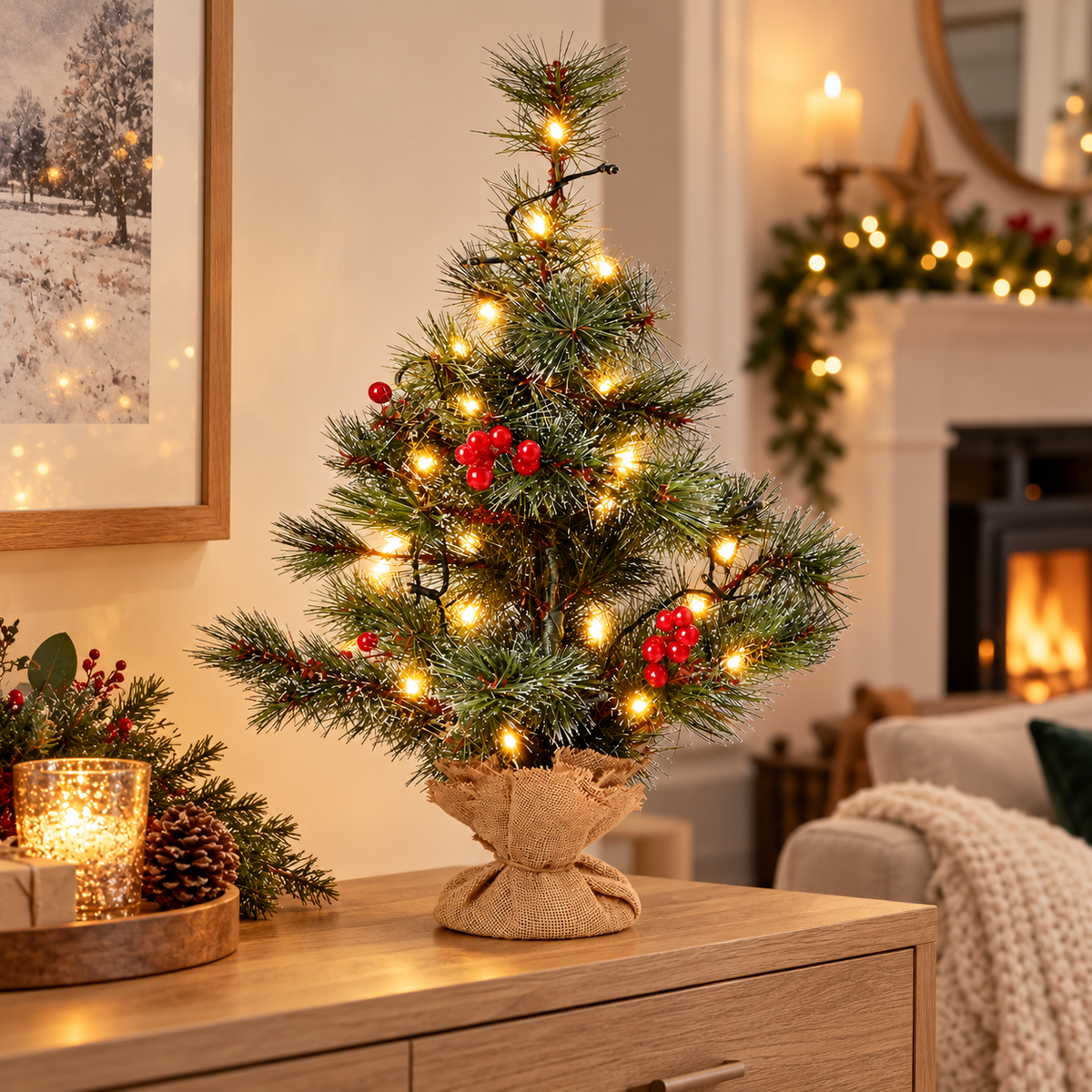60cm pre-lit mini Christmas tree with warm white LEDs displayed on a festive sideboard