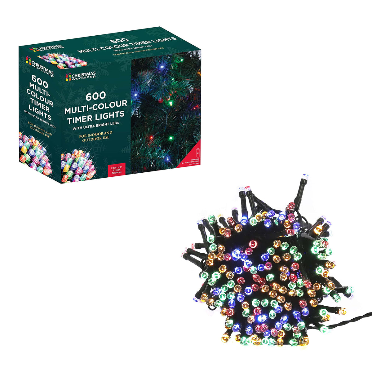 600 multi-coloured battery LED Christmas lights – 59.9m