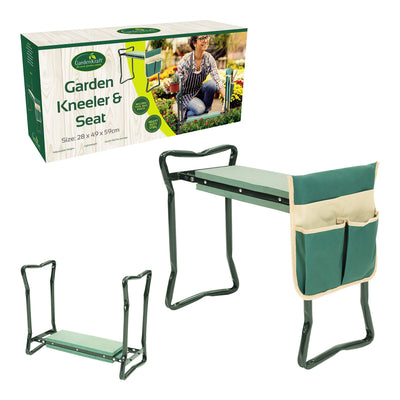 GardenKraft 10139 Folding Garden Kneeler with Additional Tool Bag, featuring a foam cushioned seat and sturdy steel frame, lightweight and portable for gardening tasks.