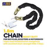 BikeGear 1.8m chain lock with padlock and 3 keys