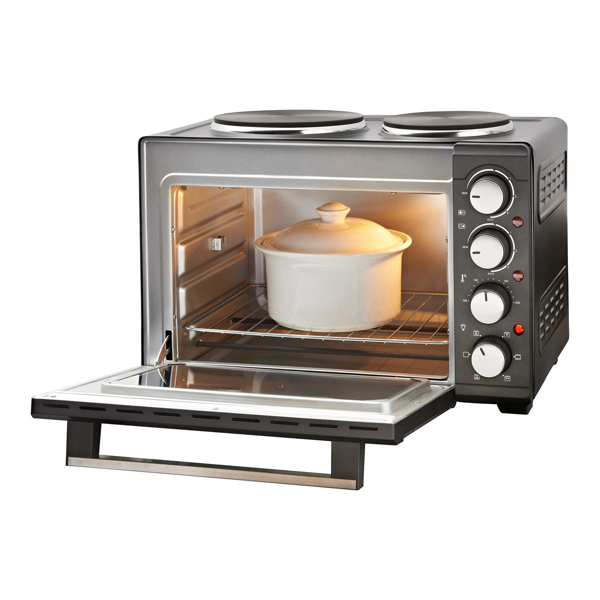 Quest 26L black countertop mini oven with twin hob and rotisserie