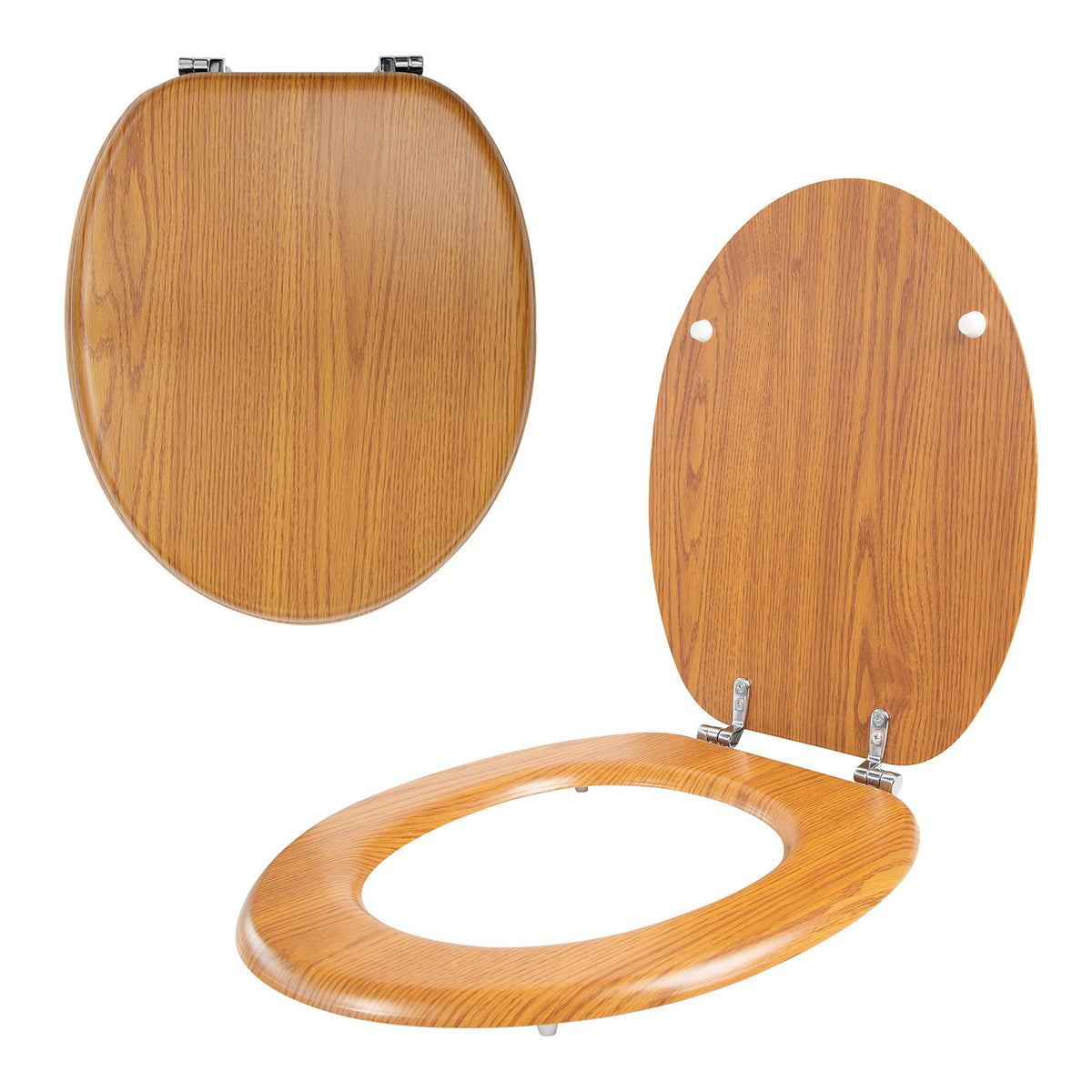 Antique pine-effect toilet seat with chrome hinges