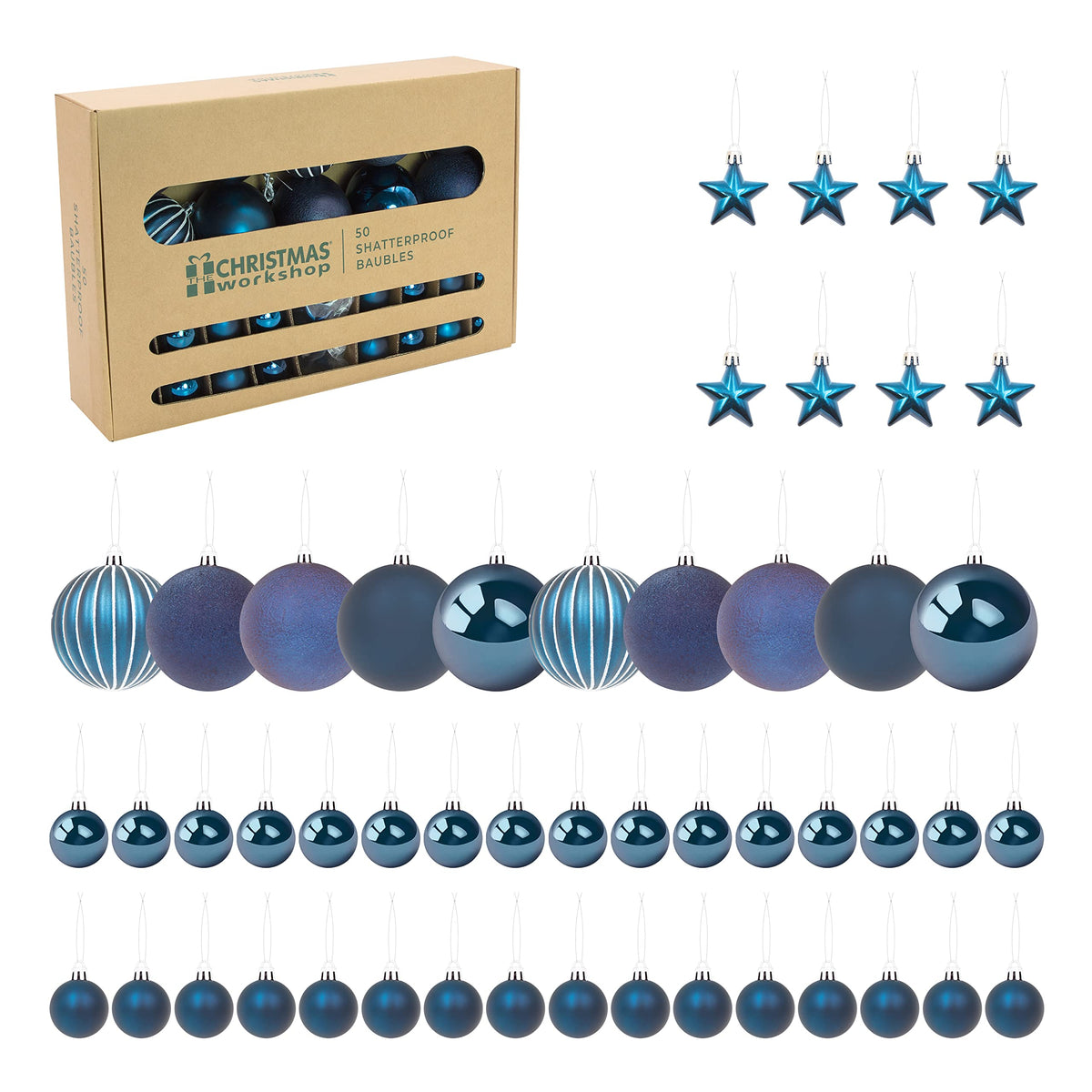 Navy shatterproof Christmas baubles set of 50 mixed sizes
