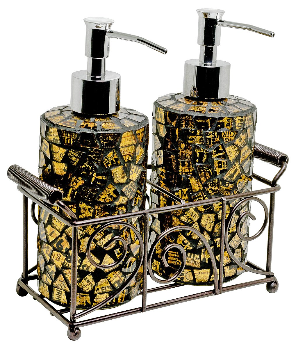 Febland Gold Glass Mosaic Soap Dispenser Set, 25 x 25 x 10 cm