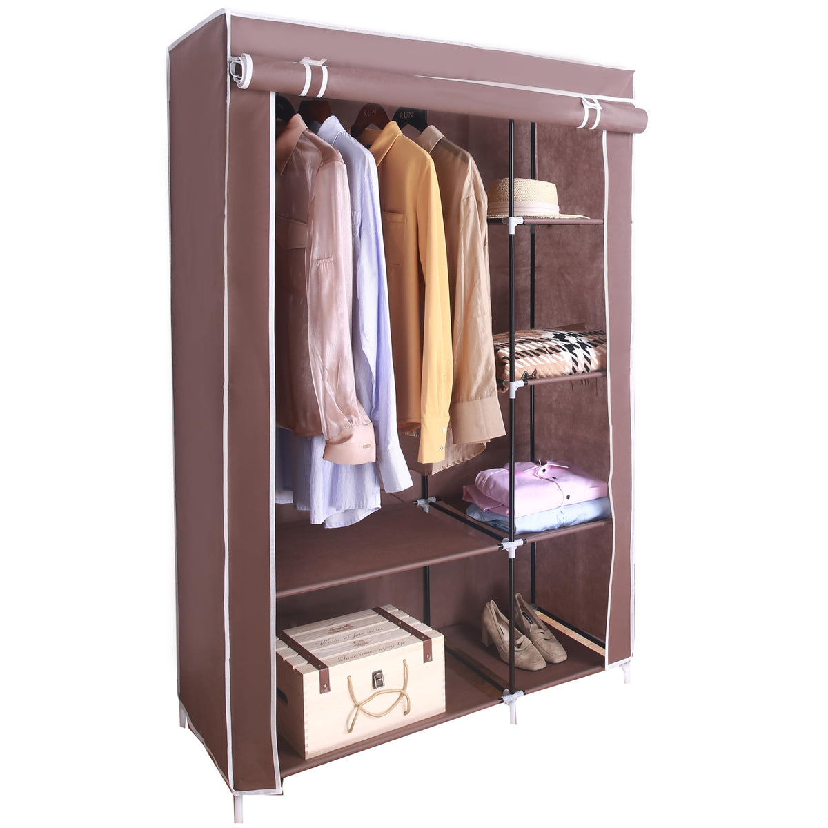 AROME PUR brown double canvas wardrobe with rail and shelves – 158cm