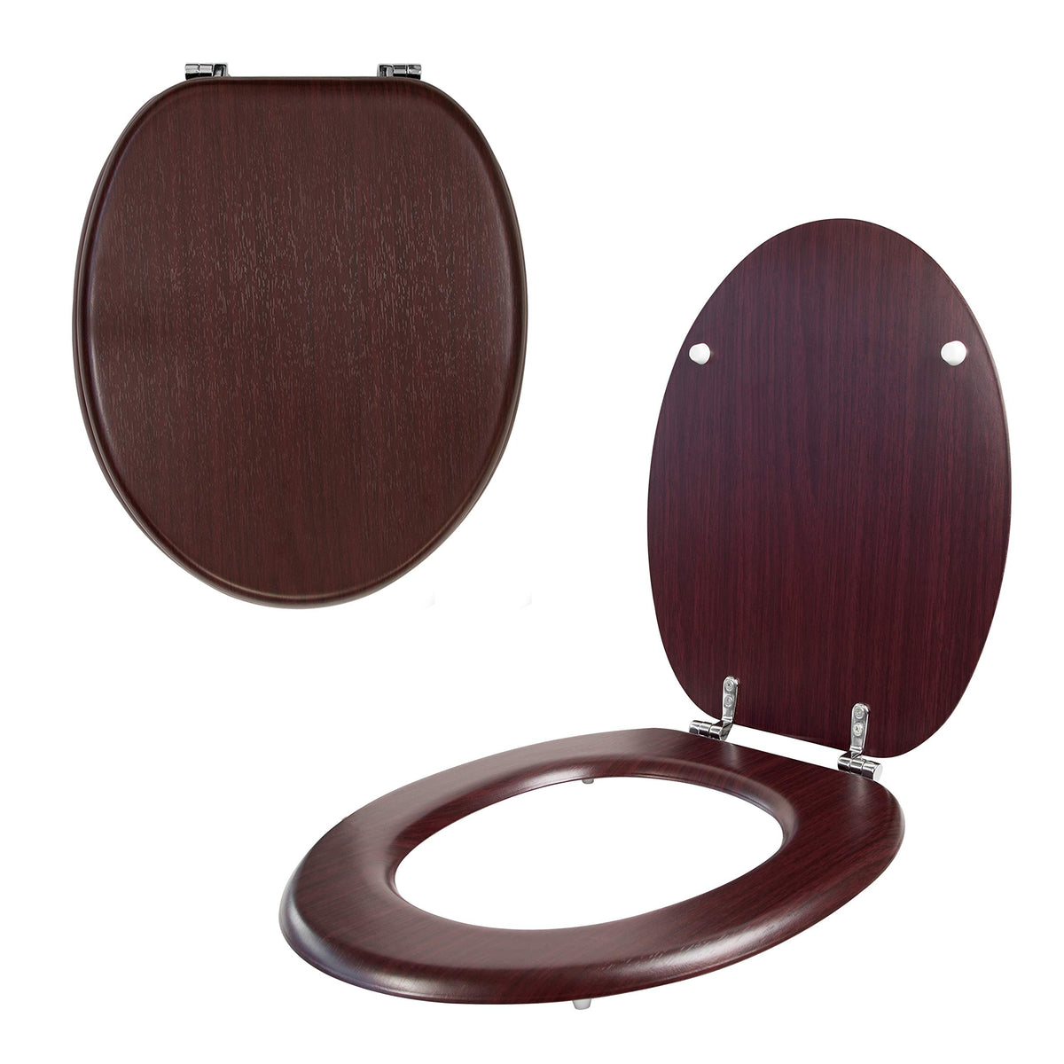 Mahogany-effect toilet seat with chrome hinges