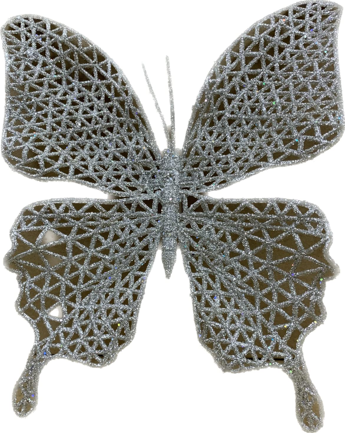 Set of three large silver glitter clip-on butterfly decorations