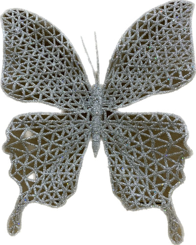 3 x Clip On Glitter Large Butterflies (Silver)
