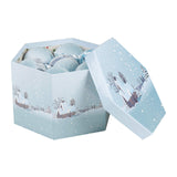 Gift-boxed set of 14 blue and white snow village Christmas baubles