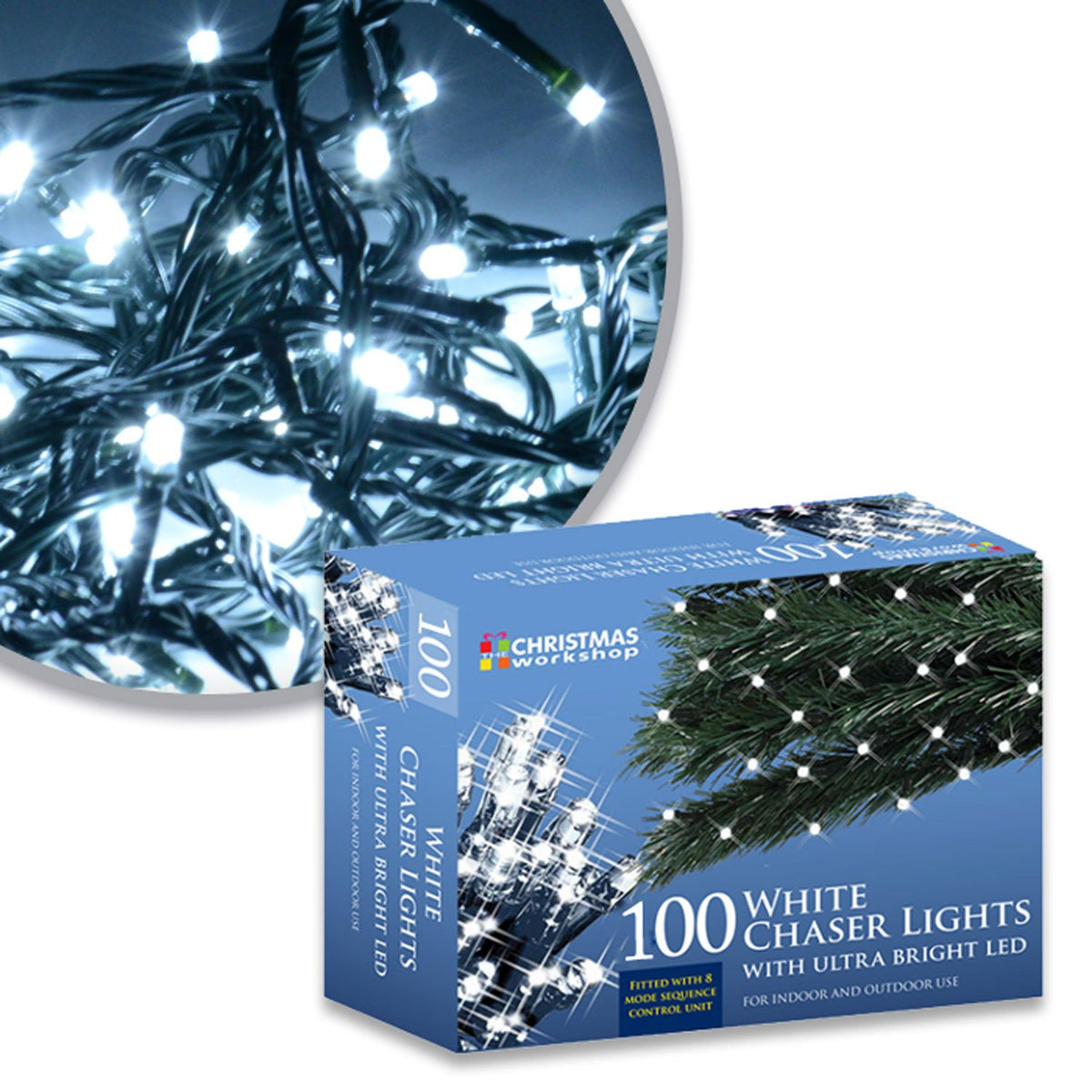 100 bright white LED chaser Christmas lights – 6.9m